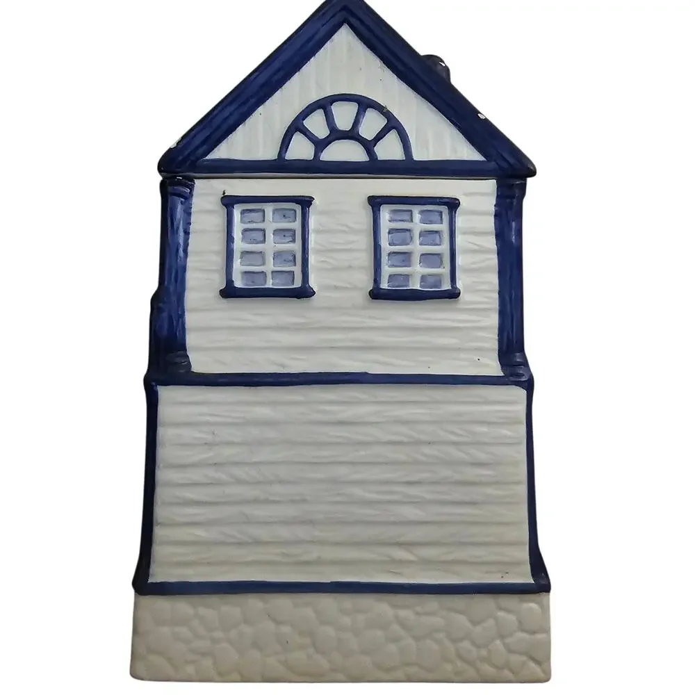 Vintage Blue & White Ceramic House Cookie Jar / Canister